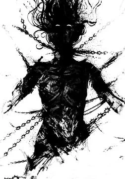 Silhouette of an exhausted woman chained in chains and thorns, beggingly look Stock Illustration