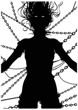Silhouette of an exhausted woman chained in chains and thorns, beggingly look Stock Illustration