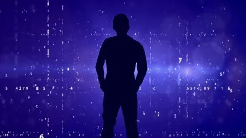 Silhouette on falling digits background. Internet Business concept. 스톡 사진