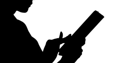 Silhouette Female hands using tablet. 스톡 일러스트