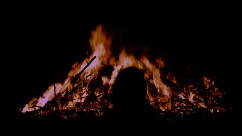Silhouette of figure in front of huge tree burning Stock Footage 122306831