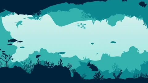 Silhouette of fish and algae on the background of reefs. Underwater ocean scene Stock Footage 135251411