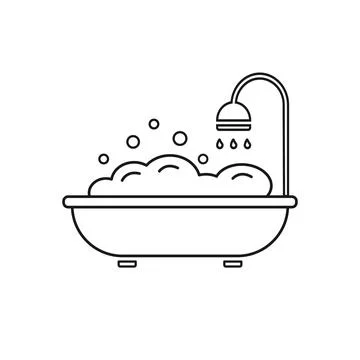 Silhouette flat icon, simple vector design. Bathtub with shower and bubbles. Stock Illustration