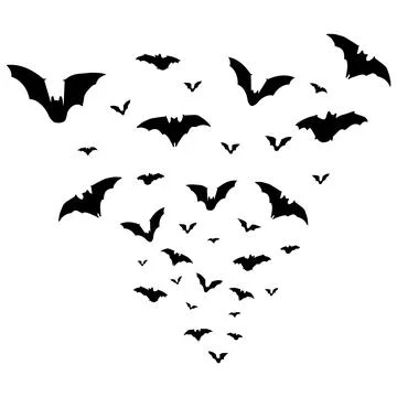 Silhouette of flying bats swarm. Vector illustration. Stock Illustration