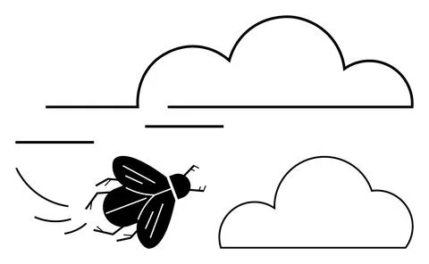 Silhouette of a Flying Bee in the Sky with Two Simplified Clouds Stock Illustration