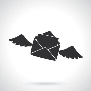 Silhouette of flying opened envelope with wings Stock Illustration