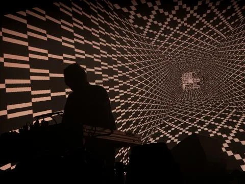 Silhouette in geometric light tunnel Stock Photos