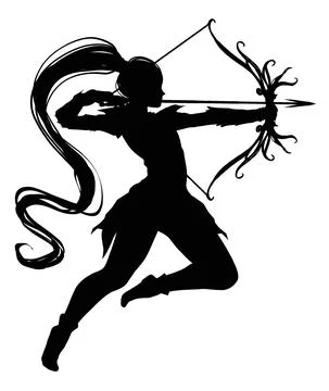 Silhouette girl archer elf in a dynamic graceful jump pulls an arrow ready to Stock-Illustration