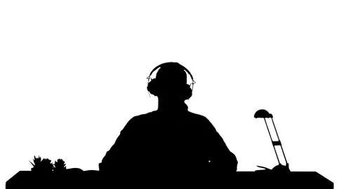 Silhouette Gorgeous lady in pink pullover listening music in headphones and Stock Illustration
