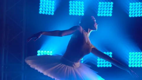 Silhouette graceful ballerina dancing elements of classical ballet in the dark Stock Footage 138219266