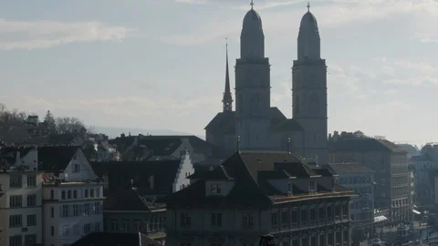 Silhouette of Grossmunster and its famous towers in Zurich City Centre 스톡 동영상 122402553