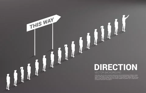 Silhouette group of businessman queue with direction. Concept of business com Ilustración de archivo