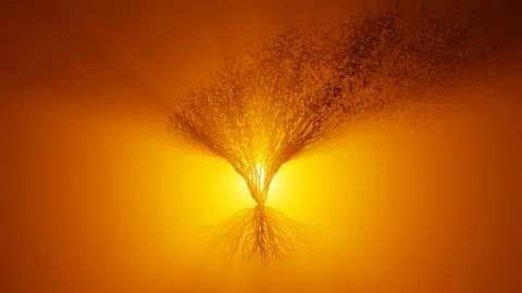 Silhouette of growing tree with roots. Sun rays shining through the tree. Eco Stock Illustration