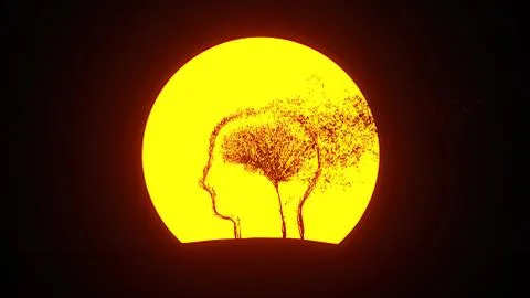 Silhouette of growing tree in a shape of human brain inside a head. Eco Conce Stock Illustration