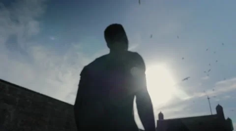 Silhouette guy looking at the birds in the sky Stock Footage 67532718