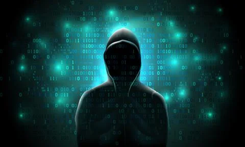 Silhouette of a hacker on a background with binary code, theft of data 库存插图