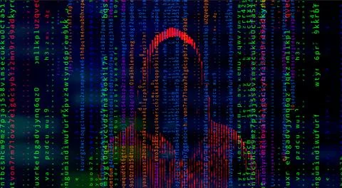 Silhouette of a hacker on a background with binary code and lights, hacking.. Stock Illustration