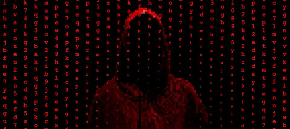 Silhouette of a hacker on a background with binary code and lights, hacking.. Stock Illustration