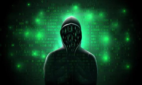 Silhouette hacker with binary code on a green background, hacking, theft of data Stock Illustration