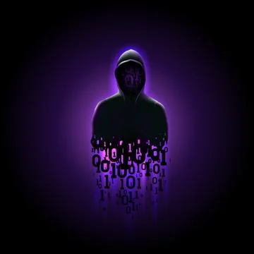 Silhouette of a hacker with binary code on a purple background, hacking computer Stock Illustration
