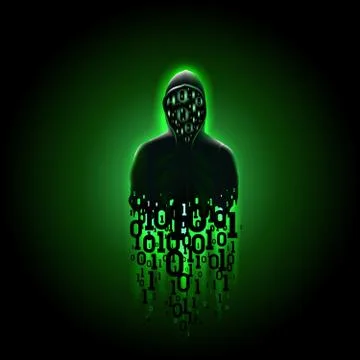 Silhouette of a hacker in a hood with binary code on a luminous green background イラスト素材