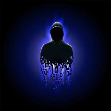 Silhouette hacker in a hood with binary code on a luminous dark blue background Stock Illustration