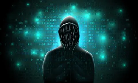 Silhouette of a hacker in a hood with binary code on a luminous background Illustrazione stock