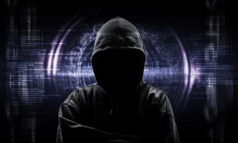 Silhouette of a hacker isloated on black with binary codes on ba Stock Illustration