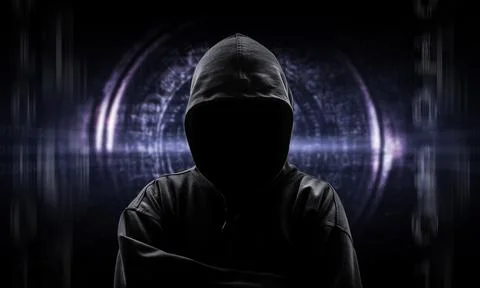 Silhouette of a hacker isloated on black with binary codes on ba Stock Illustration