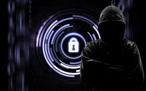 Silhouette of a hacker isloated on black with binary codes on background Stock Illustration