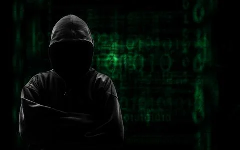 Silhouette of a hacker uses a command on graphic user interface Illustrazione stock