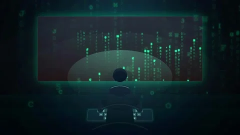 Silhouette of a Hacker Working on a Computer with Digital Matrix Code Background Stock Footage 341831493