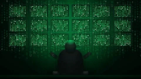 Silhouette of a Hacker Working with Green Digital Code on Multiple Computer Stock Footage 343161938