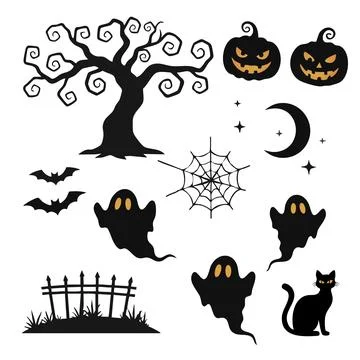 Silhouette Halloween Elements Collection Set with Creepy Tree ,Jack O Lante.. Stock Illustration