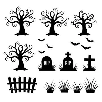 Silhouette Halloween Elements Set. Haunted Tree, Grass, Gravestone, and Bat.. Stockillustratie