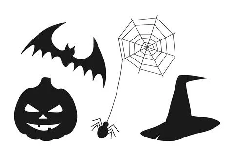 Silhouette Halloween Pumpkin Bat Cobweb with Spider and Witch Hat Hand Drawn Illustrazione stock