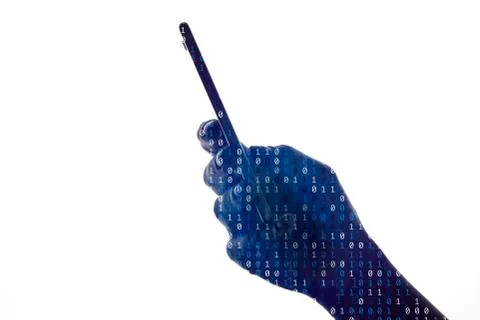 Silhouette of a hand using a smartphone with binary code background 스톡 사진