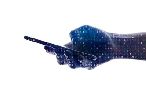 Silhouette of a hand using a smartphone with binary code background 写真素材