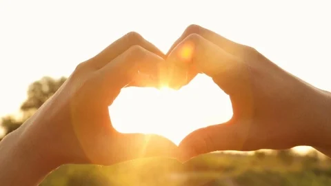 Silhouette of hands in the shape of heart with rays of the setting sun Vídeo Stock 77598632