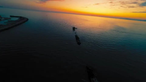 Silhouette Of The Harbour On The Ocean At Sunset Stock Footage 310694712