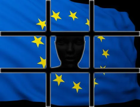 Silhouette head behind bars with flag of European Union Stock Illustration
