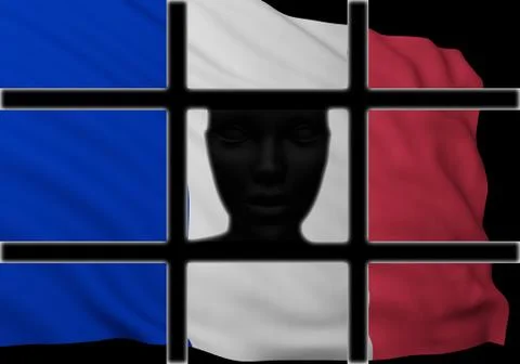 Silhouette head behind bars with flag of France Stock Illustration