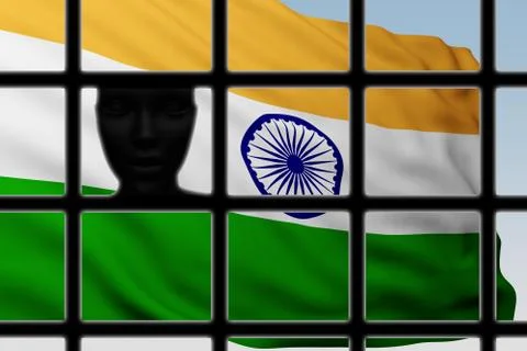 Silhouette head behind bars with flag of India Stock Illustration