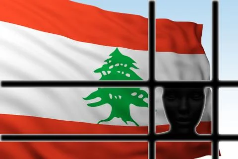 Silhouette head behind bars with flag of Lebanon Stock Illustration