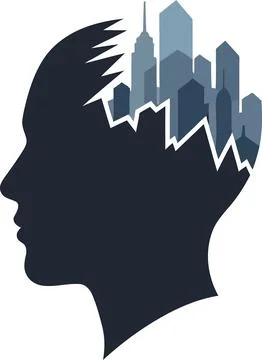 Silhouette Head Profile with Cityscape Inside Brain 스톡 일러스트