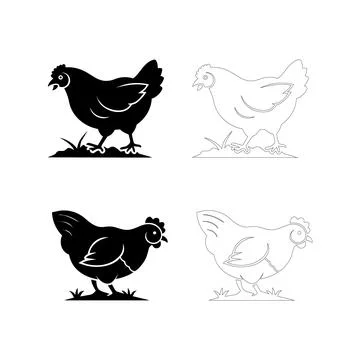 Silhouette of a hen pecking on the ground, flat bold black vector design Stock Illustration