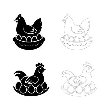 Silhouette of a hen sitting on eggs, flat bold black vector design Stock Illustration