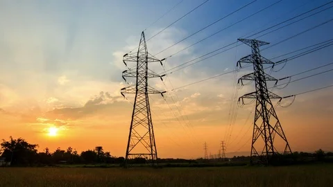 Silhouette of high voltage electrical pole structure Video stock 82011741