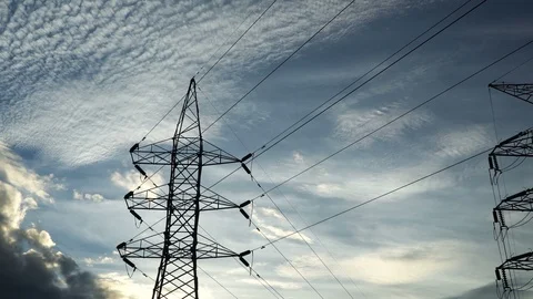 Silhouette of high voltage electrical pole structure Stock Footage 99530780