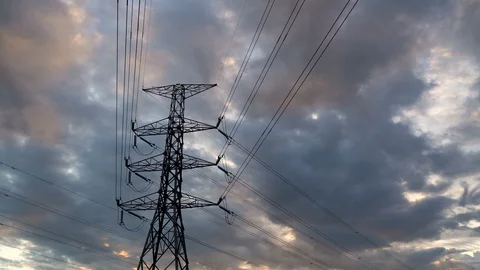 Silhouette of high voltage electrical pole structure Video stock 99778702